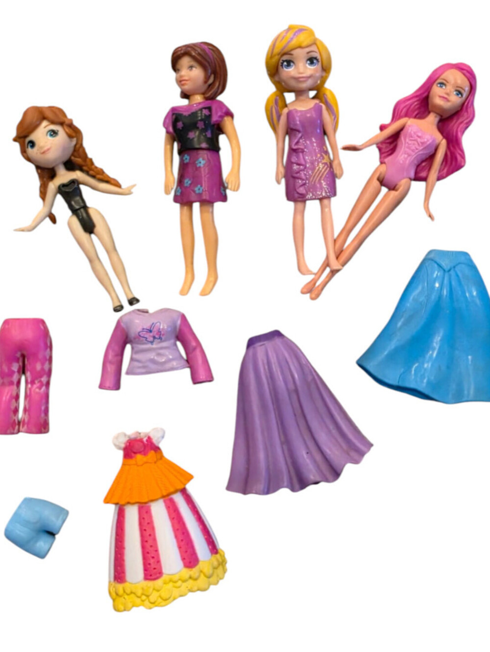 Lot of 4 Polly Pocket fashion mini dolls w/ rubber plastic outfits